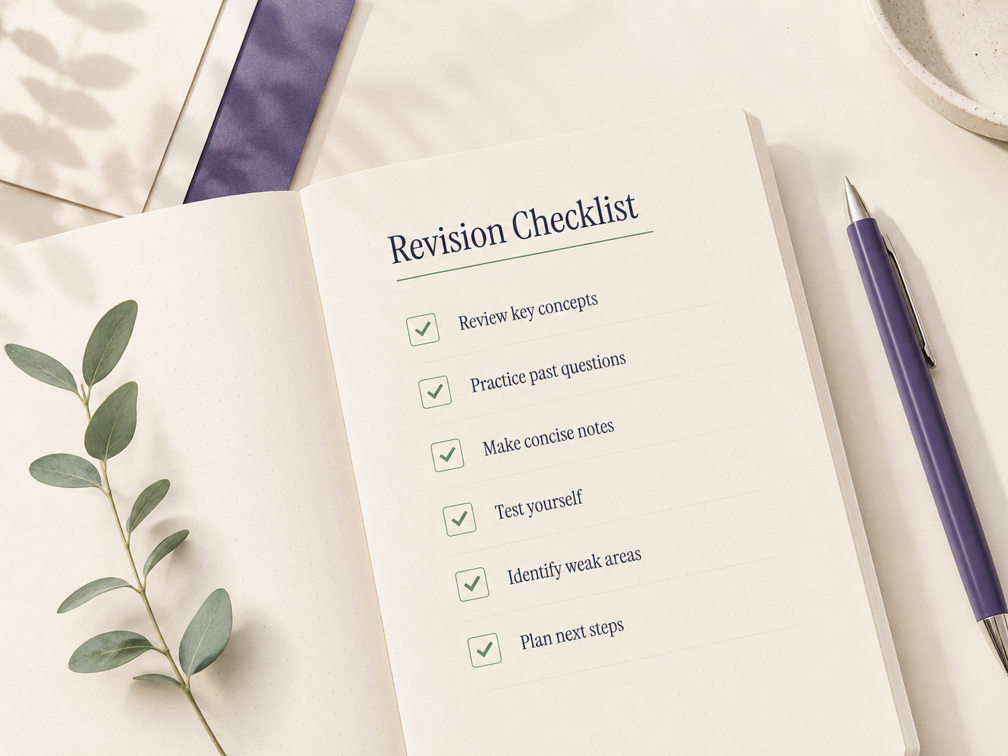 Revision checklist in a notebook