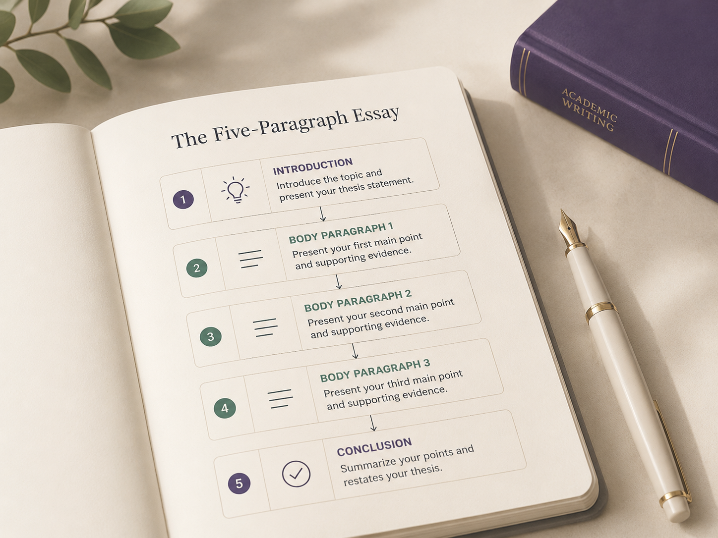Open notebook showing a five-paragraph essay structure
